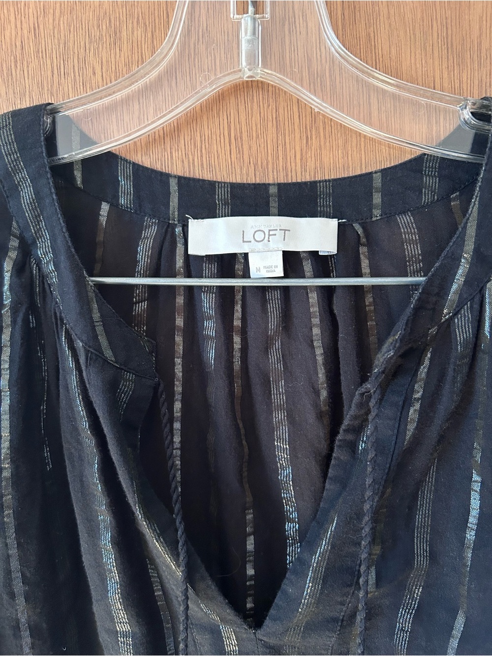 LOFT Black Blouse with Metallic Silver Stripes